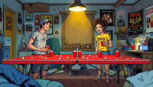 En sjov beer pong opsætning med kopper og bold.