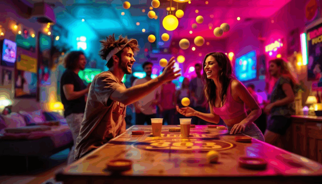 Fordele ved at eje et beer pong bord, med spillere der nyder spillet.